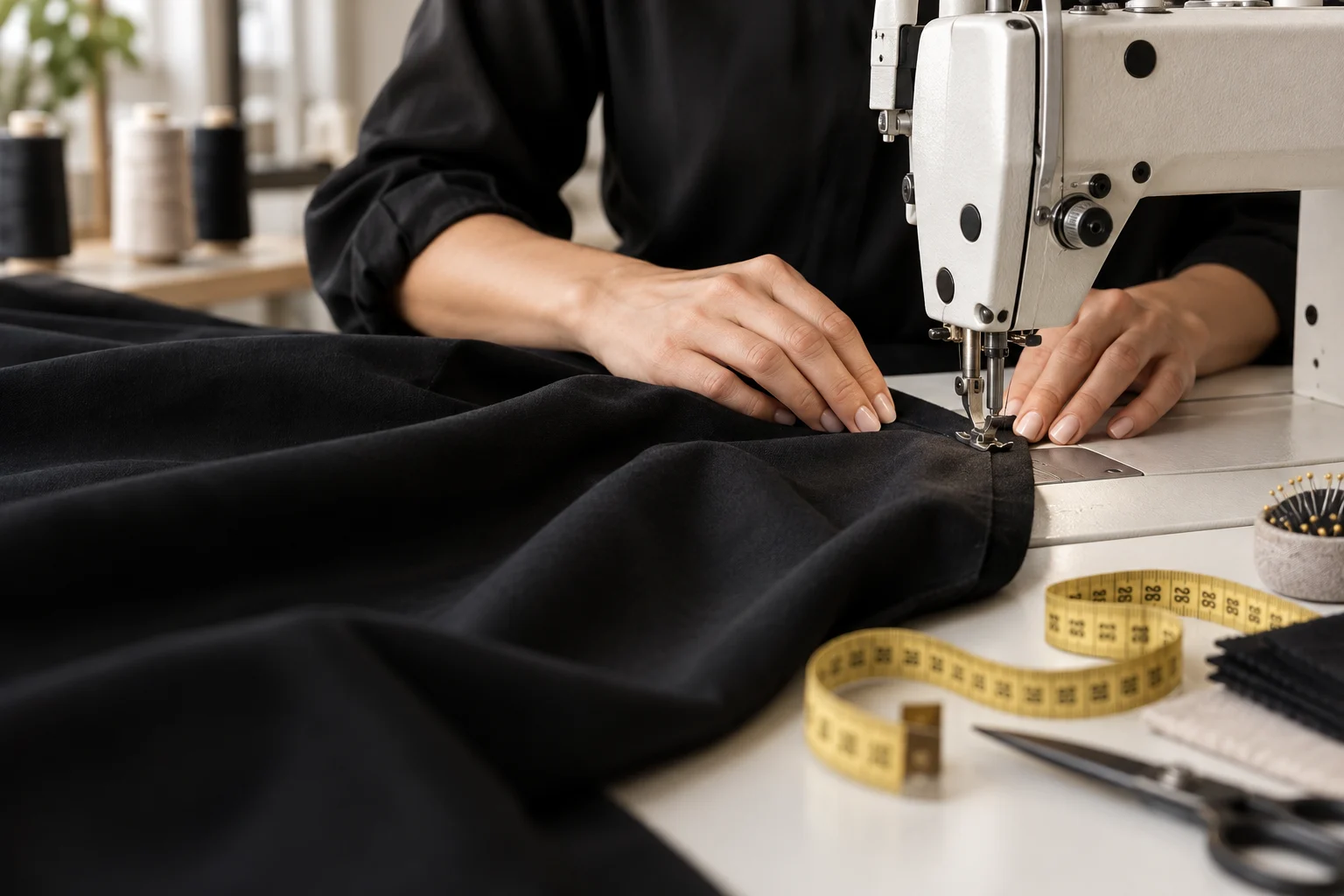 Close-up of a woman tailor’s hands stitching fabric at a modern sewing machine